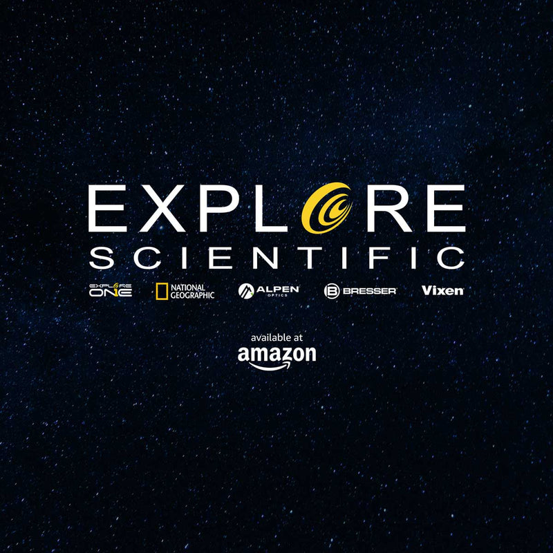 large Explore Scientific logo above the Explore one, National Geographic, Alpen Optics, Bresser and Vixen logos. Below the text says "available at Amazon" 